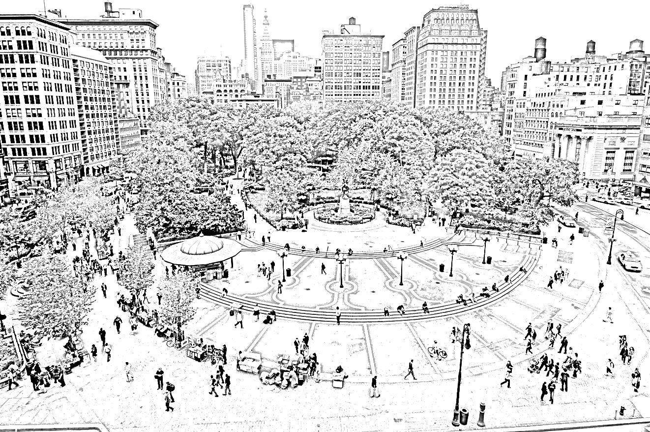 Line drawing of Union Square, New York, seen from above