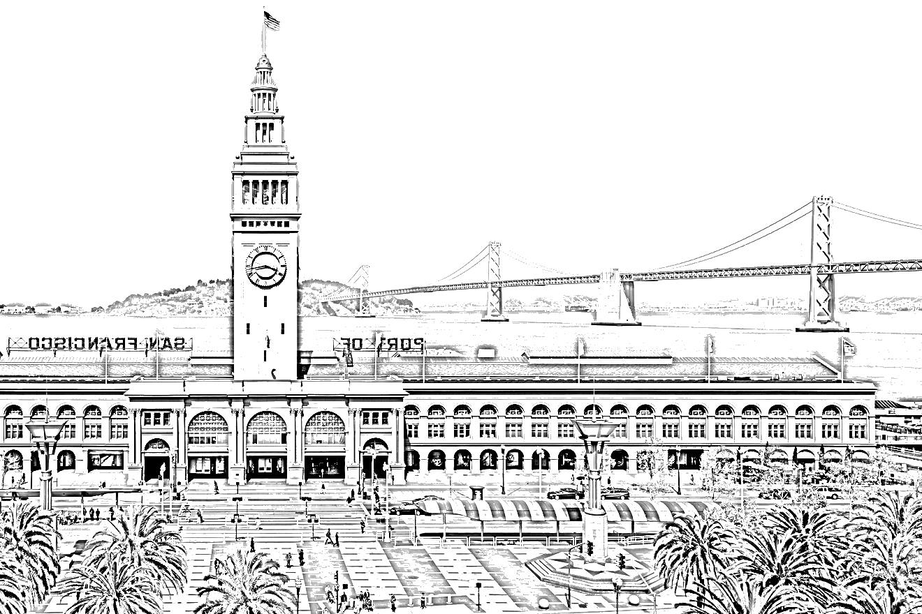 Line drawing of the Ferry Building and the Bay Bridge, San Francisco