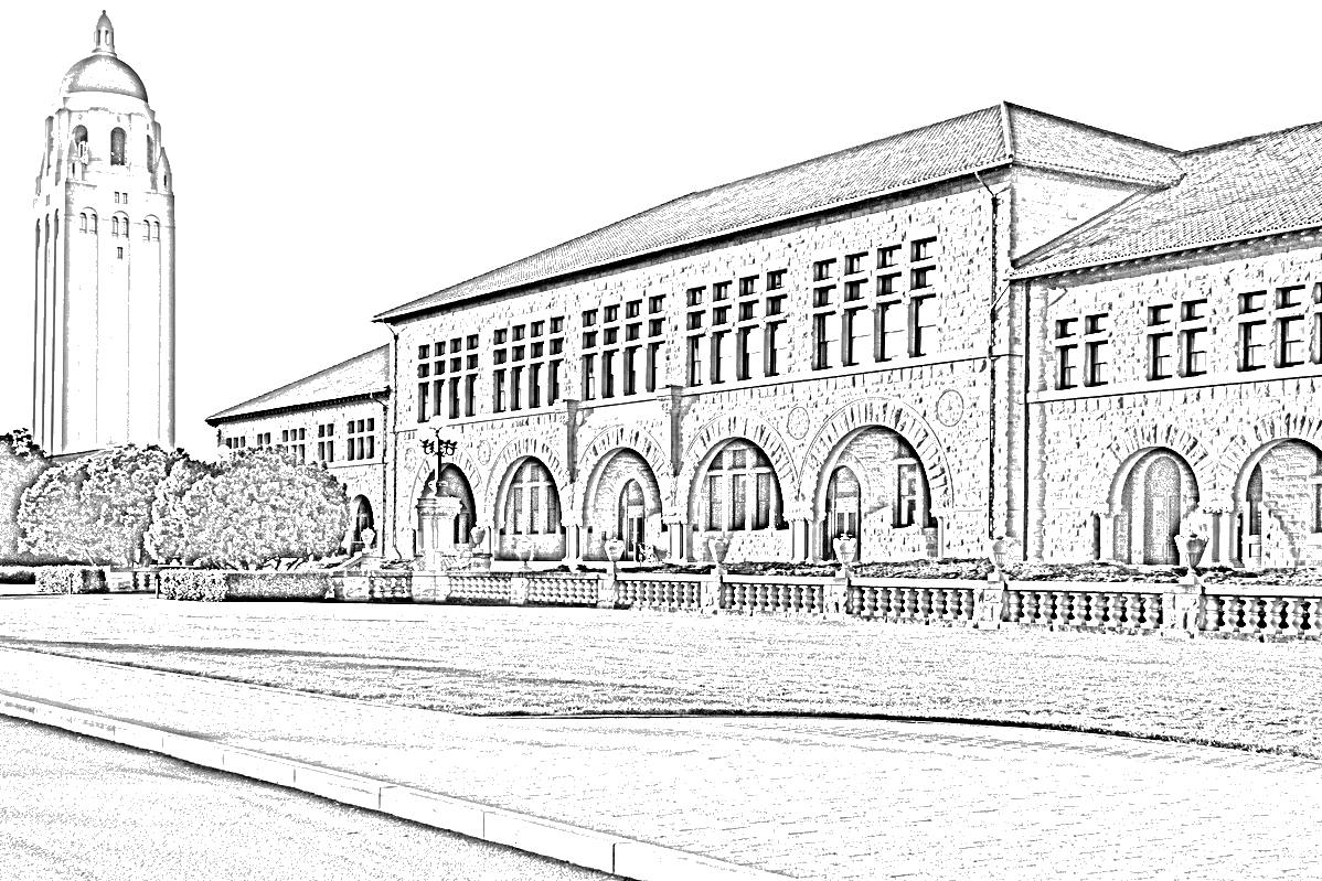Drawing adapted from a photo by King of Hearts, CC BY-SA 3.0, via Wikimedia Commons Line drawing of Stanford's Main Quad and Hoover Tower