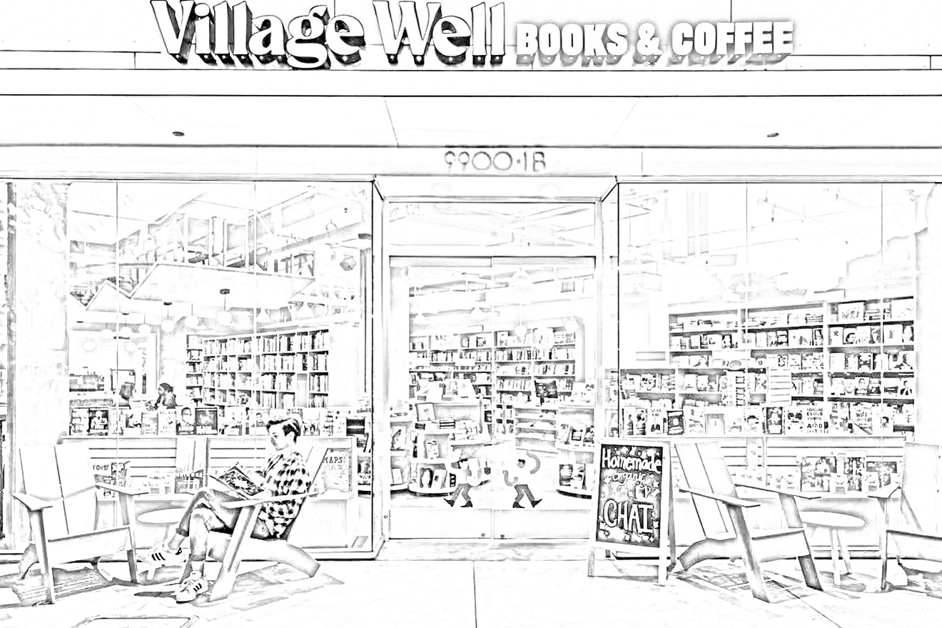 Line drawing of the Village Well Books & Coffee storefront, Culver City